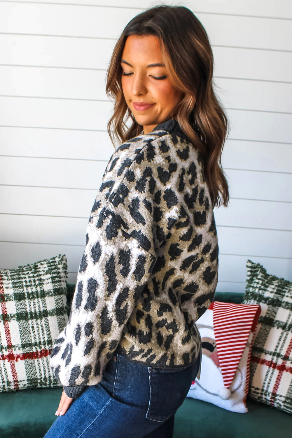 Carbon Grey Leopard Pattern Contrast Trim Round Neck Sweater