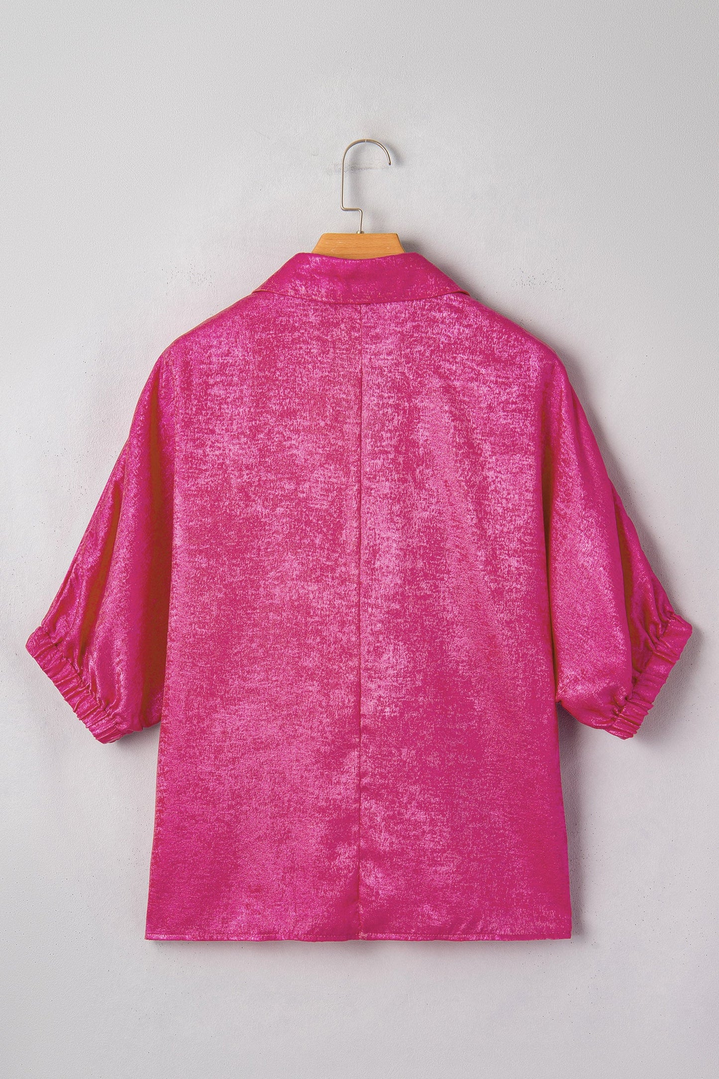Strawberry Pink Collared V Neck Half Sleeve Metallic Top