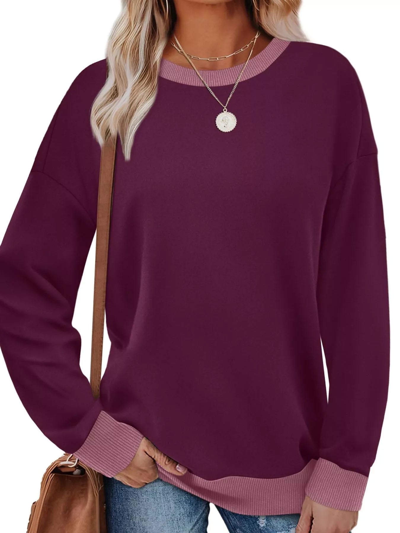 Contrast Trim Crew Neck Casual Sweatshirt