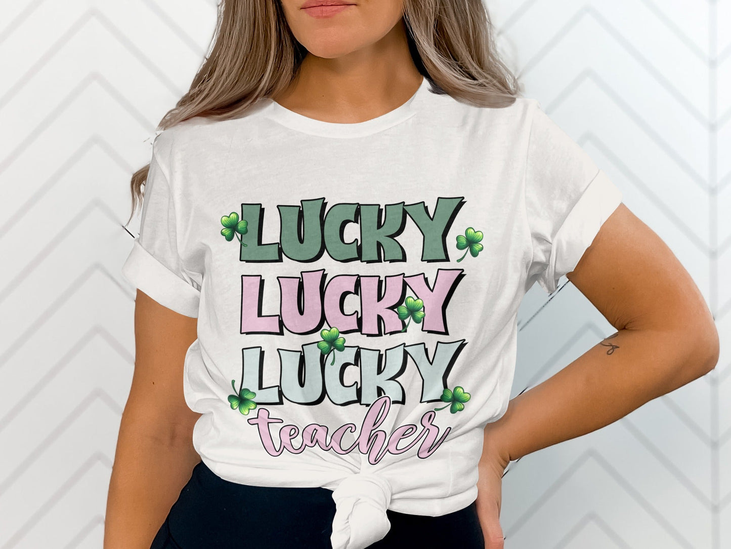 Lucky Lucky Lucky Teacher with Clovers St Patricks Day T-Shirt