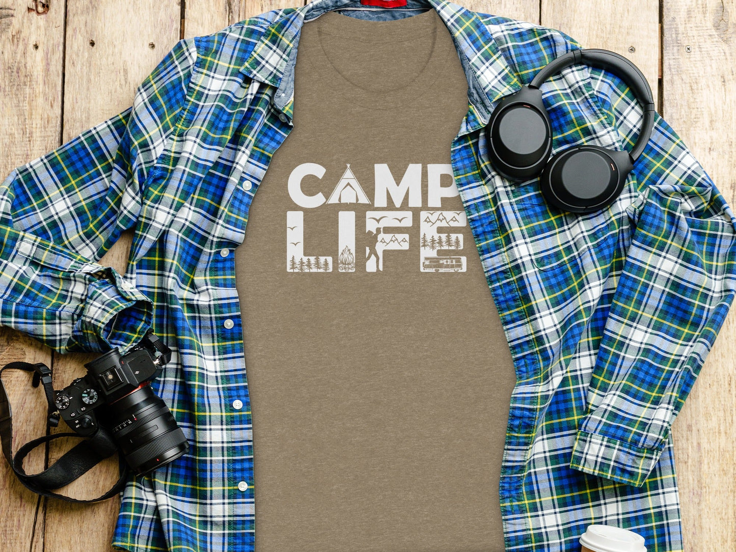 Camp Life Illustration with Tent and Fire Design T-Shirt
