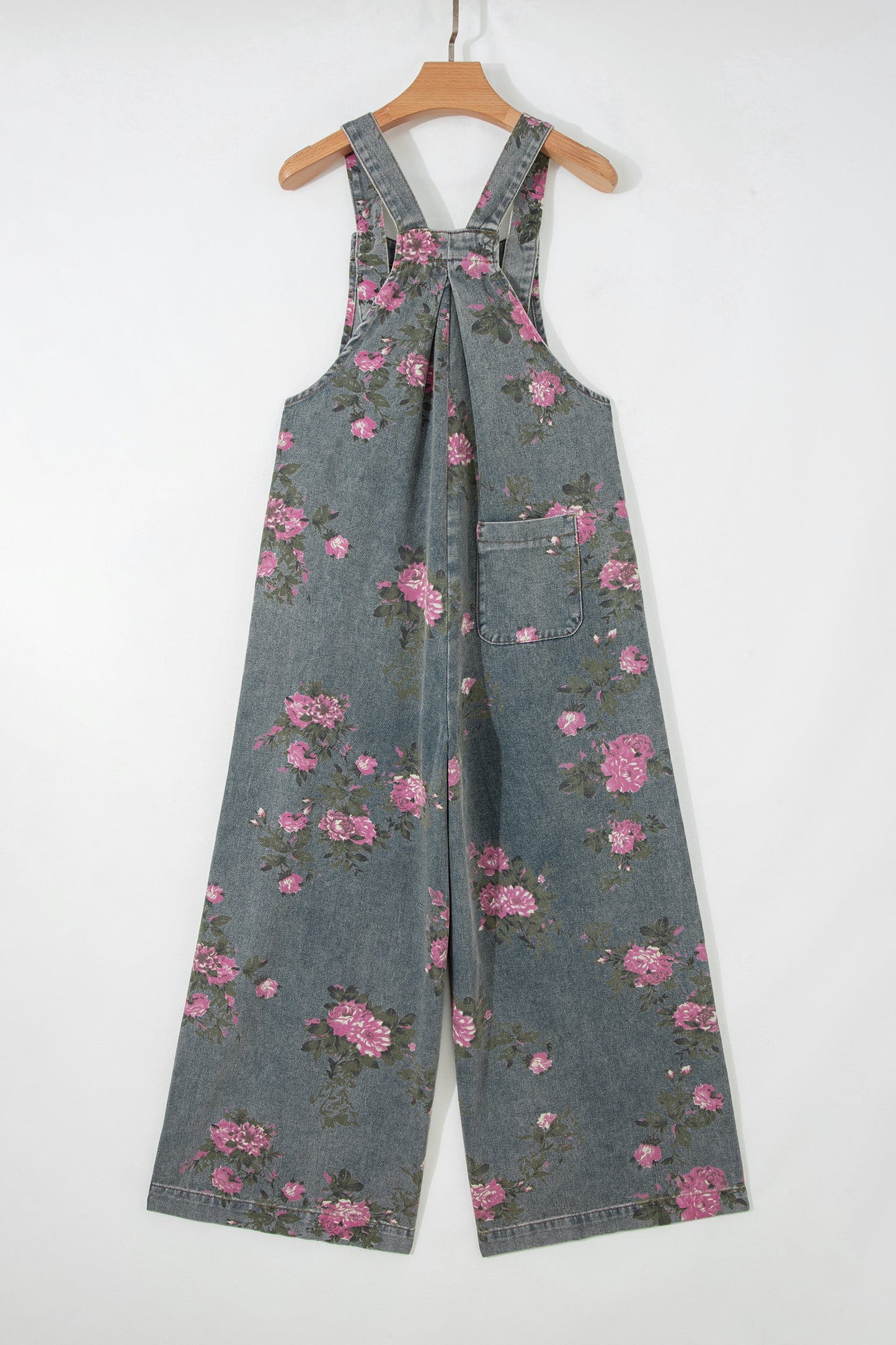 Gray Beau Floral Print Pleated High Waist Wide Leg Denim Jumpsuit