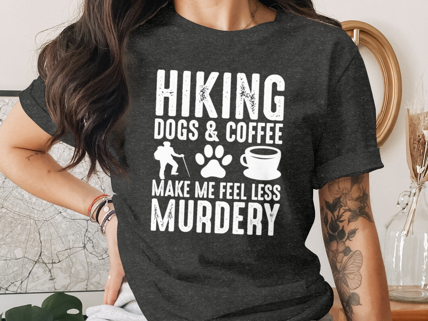 Hiking Dogs Coffee Less Murdery Funny Graphic Design T-Shirt
