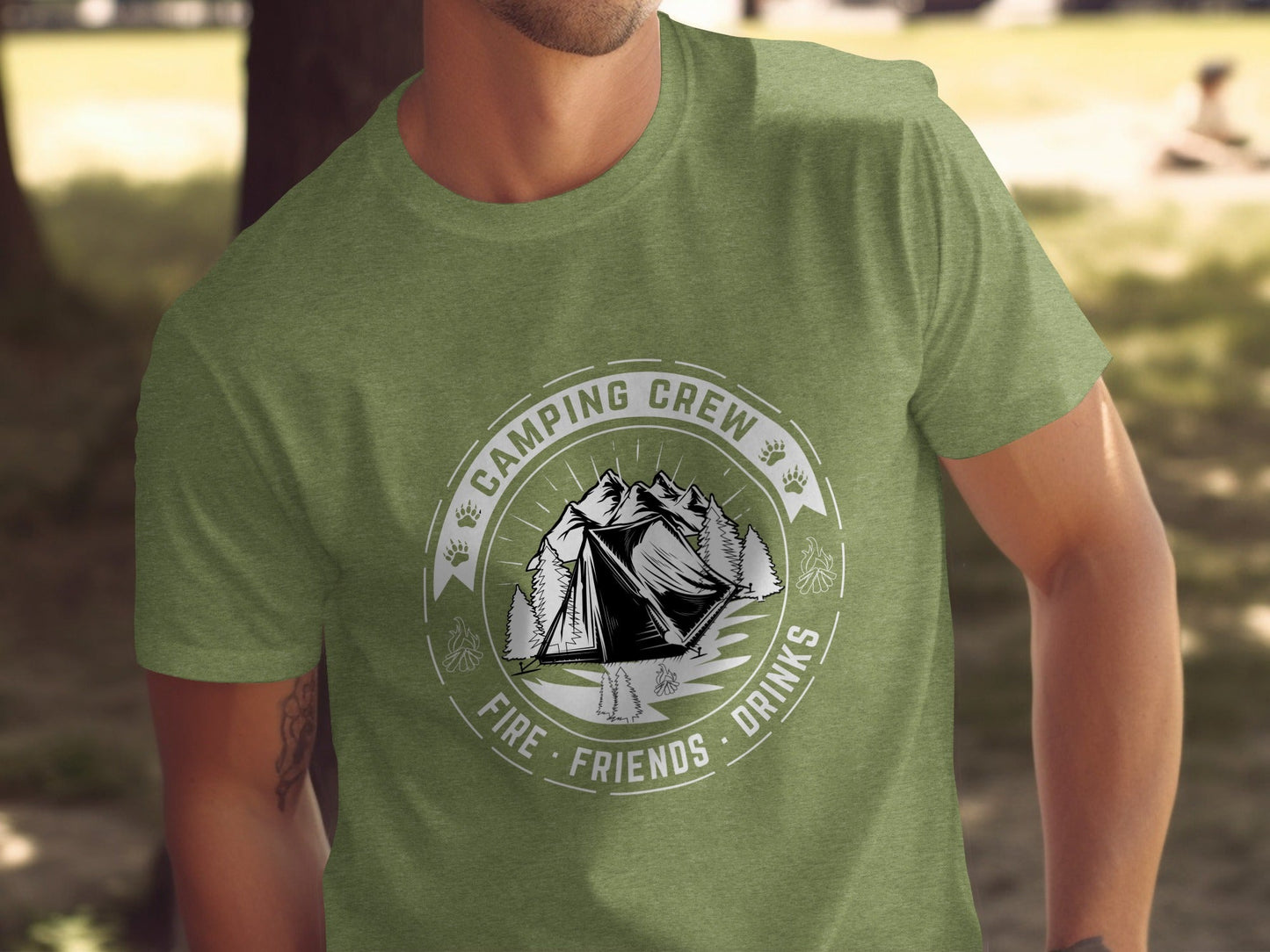 Camping Crew Friends Drinks Fire Tent Mountain Scene T-Shirt
