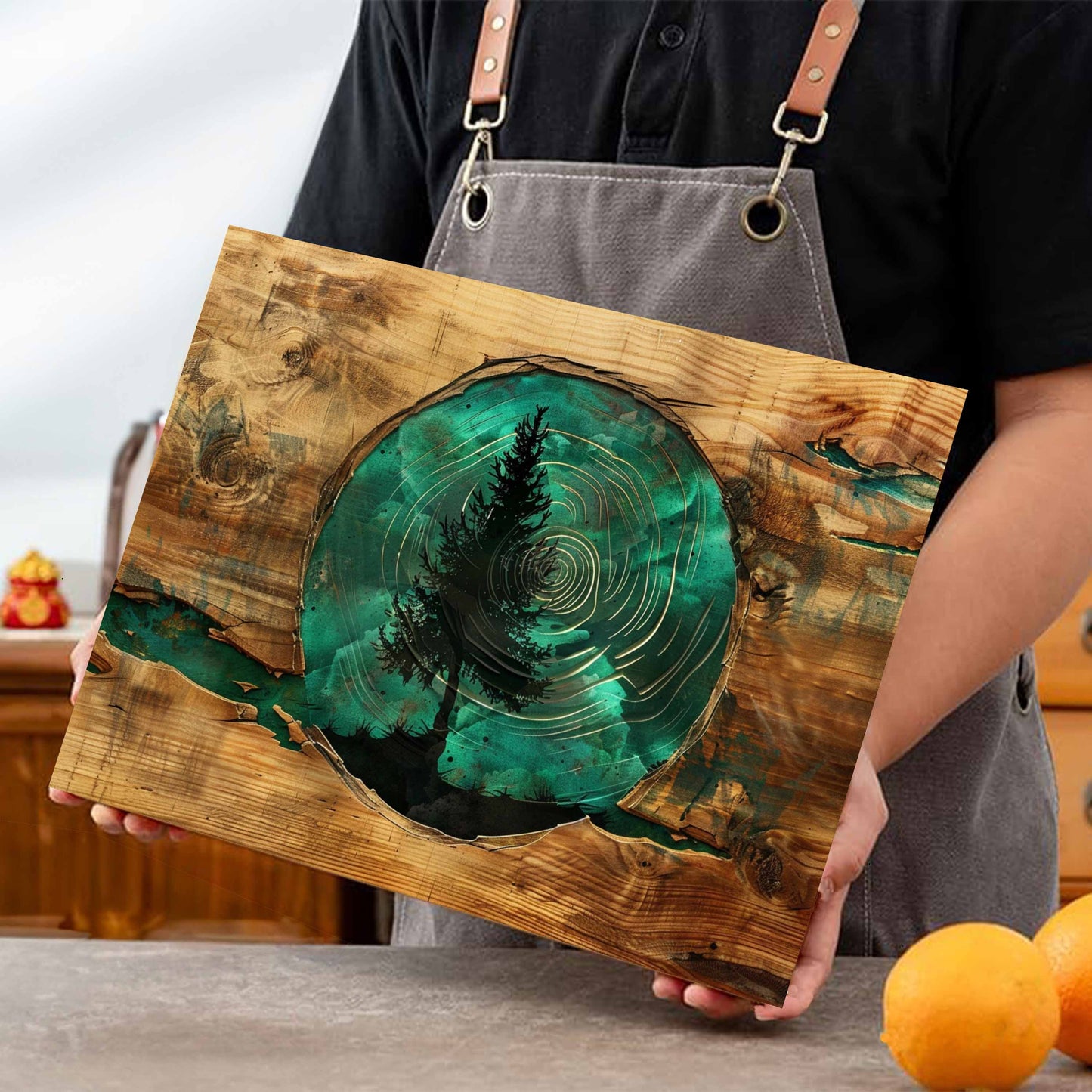 Evergreen Glass Cutting Board – Tempered Glass Kitchen Board with Epoxy Wood Look
