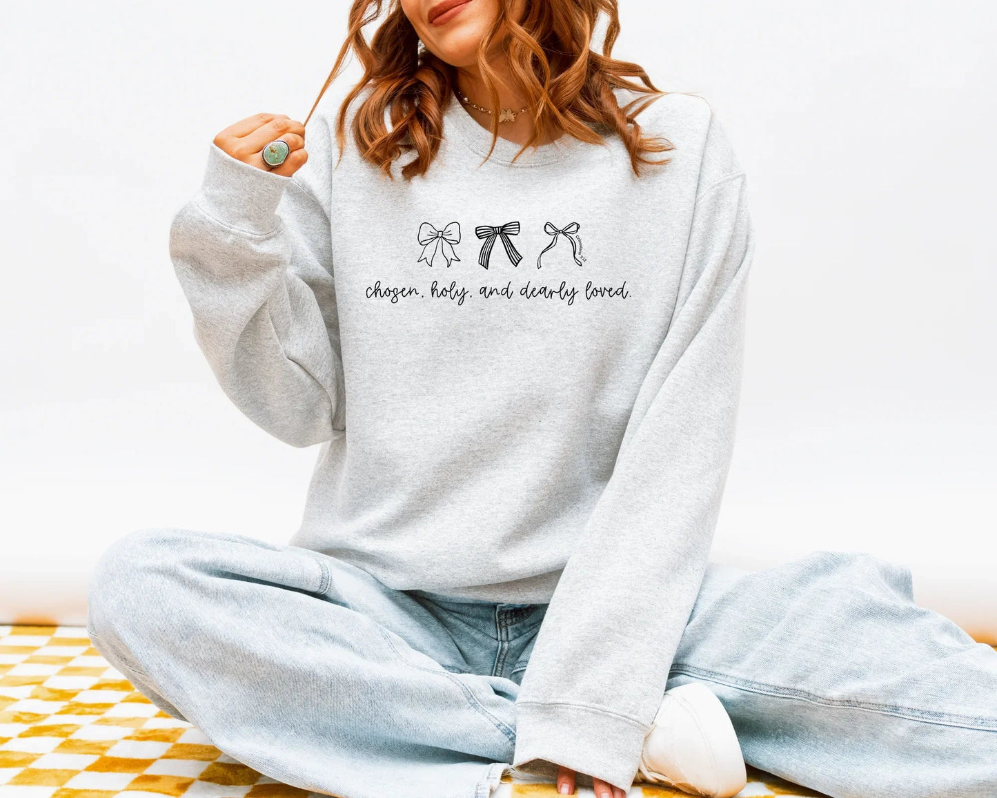 Chosen Holy and Deeply Loved Sweatshirt, Christian Crewneck with Bows, Faith Sweatshirt, Bible Verse Pullover, Cute Christian Gift