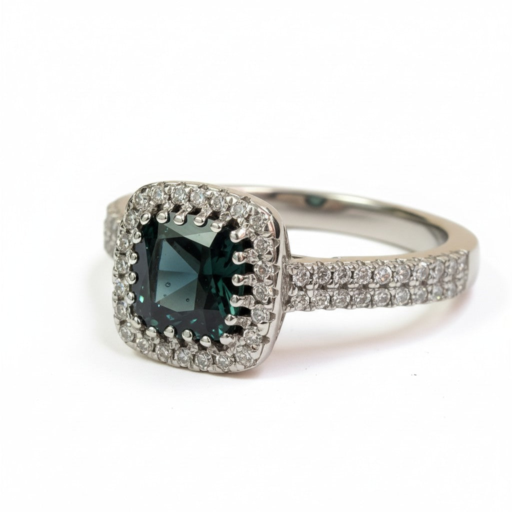Comforting Light Cubic Zirconia Halo Cremation Ring<br>Cushion Cut • 6.4x6.4mm