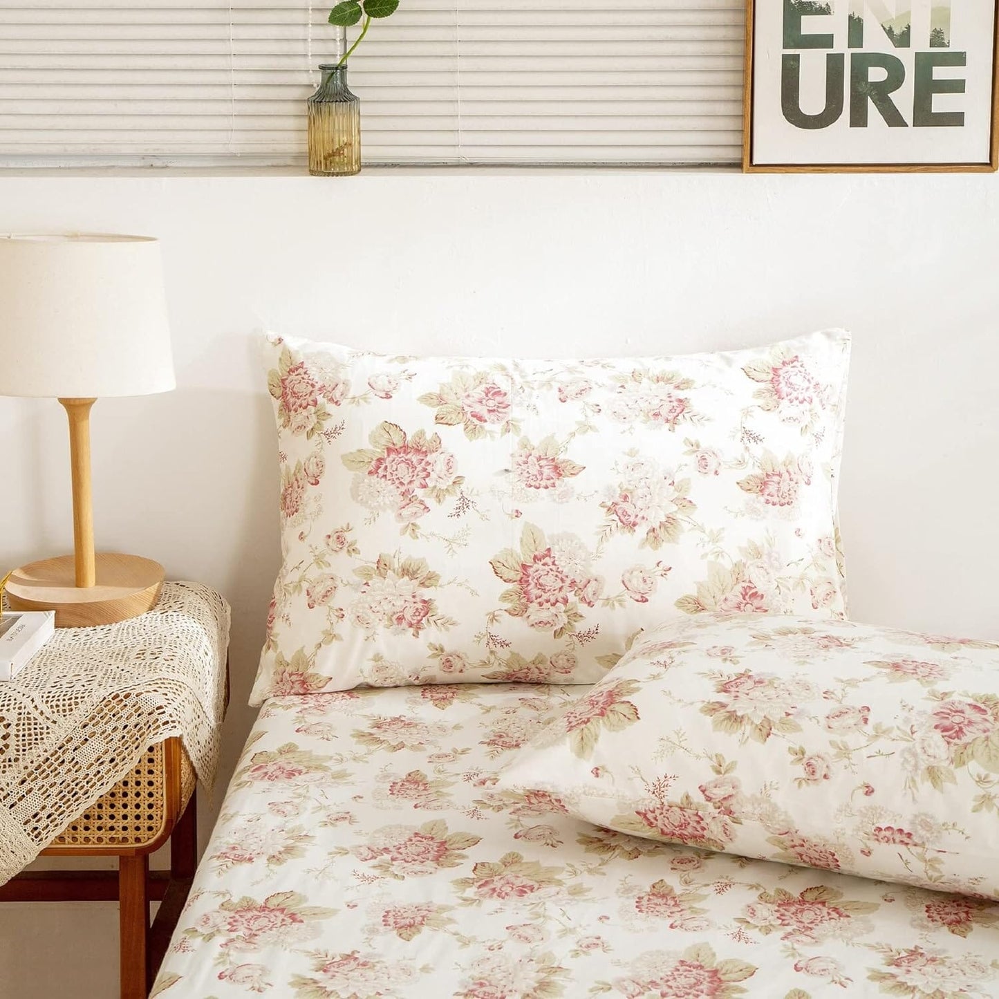 DaDa Bedding Hint of Mint Dainty Cottage Floral Roses Cotton Flat Sheet Only w/ Pillow Case (3036)