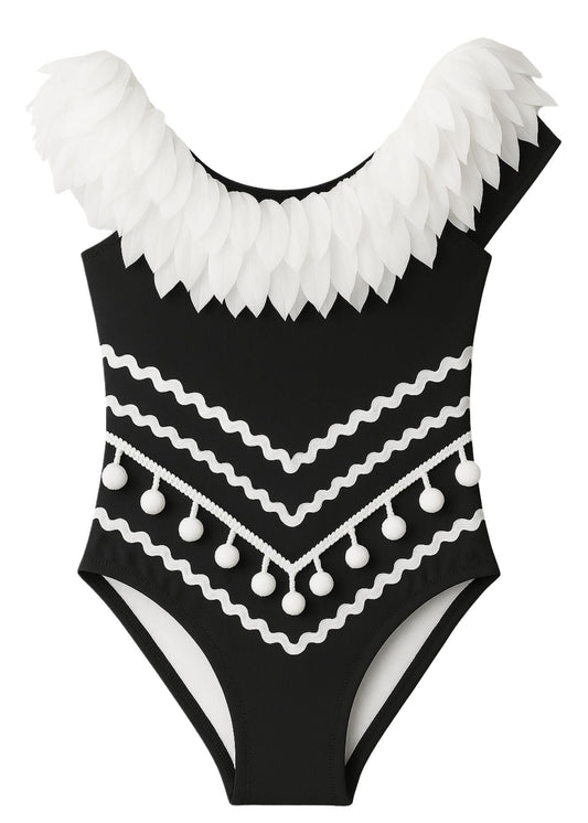 Black Swimsuit with Petals & Pom Poms
