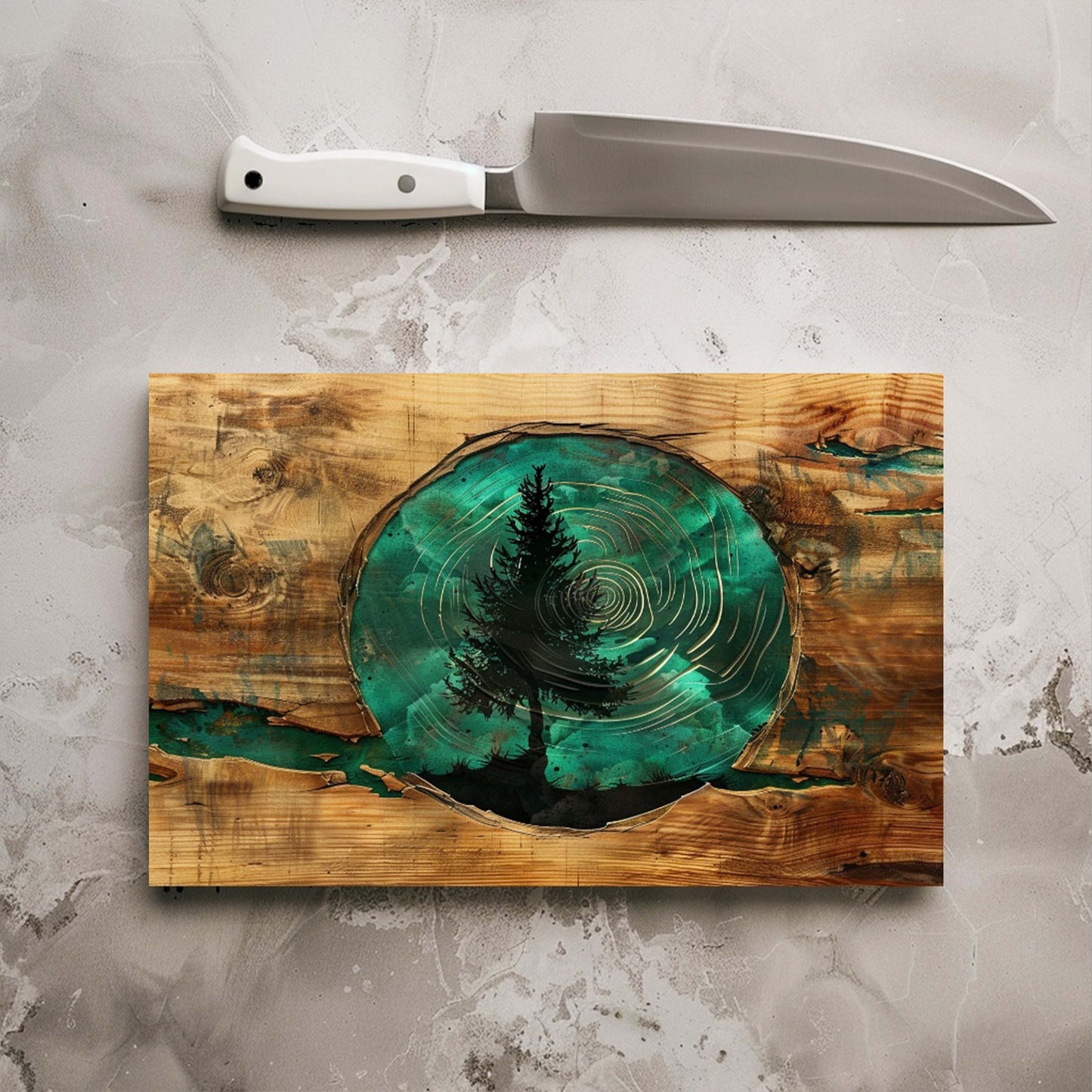 Evergreen Glass Cutting Board – Tempered Glass Kitchen Board with Epoxy Wood Look