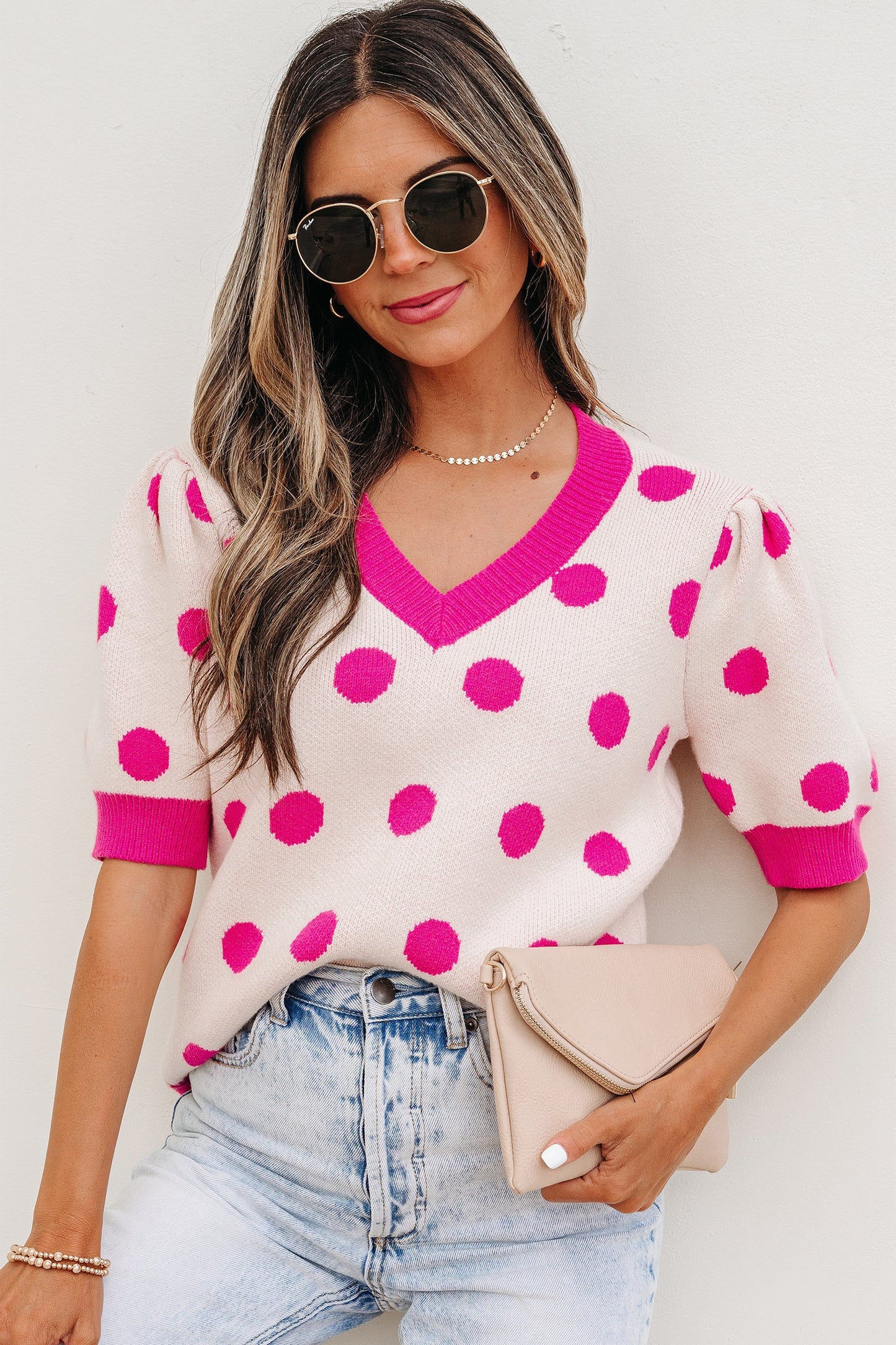 Pink Polka Dot Puff Short Sleeve Sweater Top