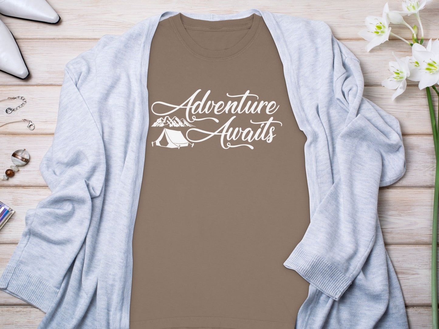 Adventure Awaits Featuring Tent and Mountains Long Sleeve T-Shirt