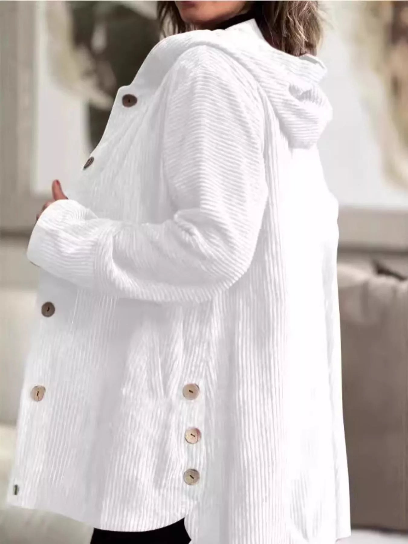 Full Size Corduroy Button Up Hooded Jacket Plus Size