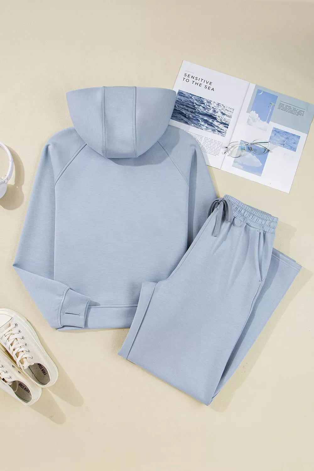 Half Zip Thumbhole Sleeve Hoodie and Pants 2pcs Outfit