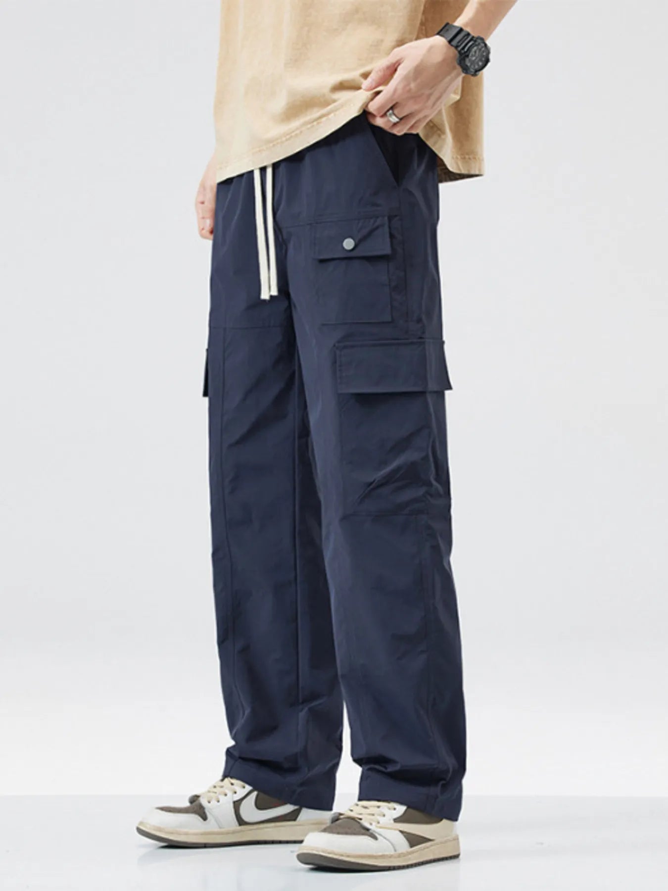 Men's Full Size Relaxed Fit Cargo Pants with Drawstring Plus Size