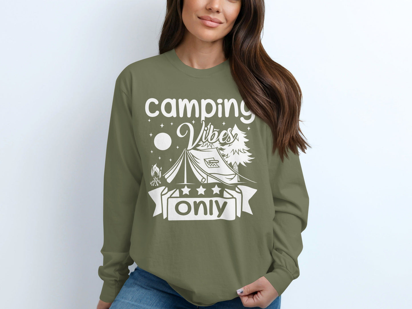Camping Vibes Stars Only With Tent Graphic Long Sleeve T-Shirt
