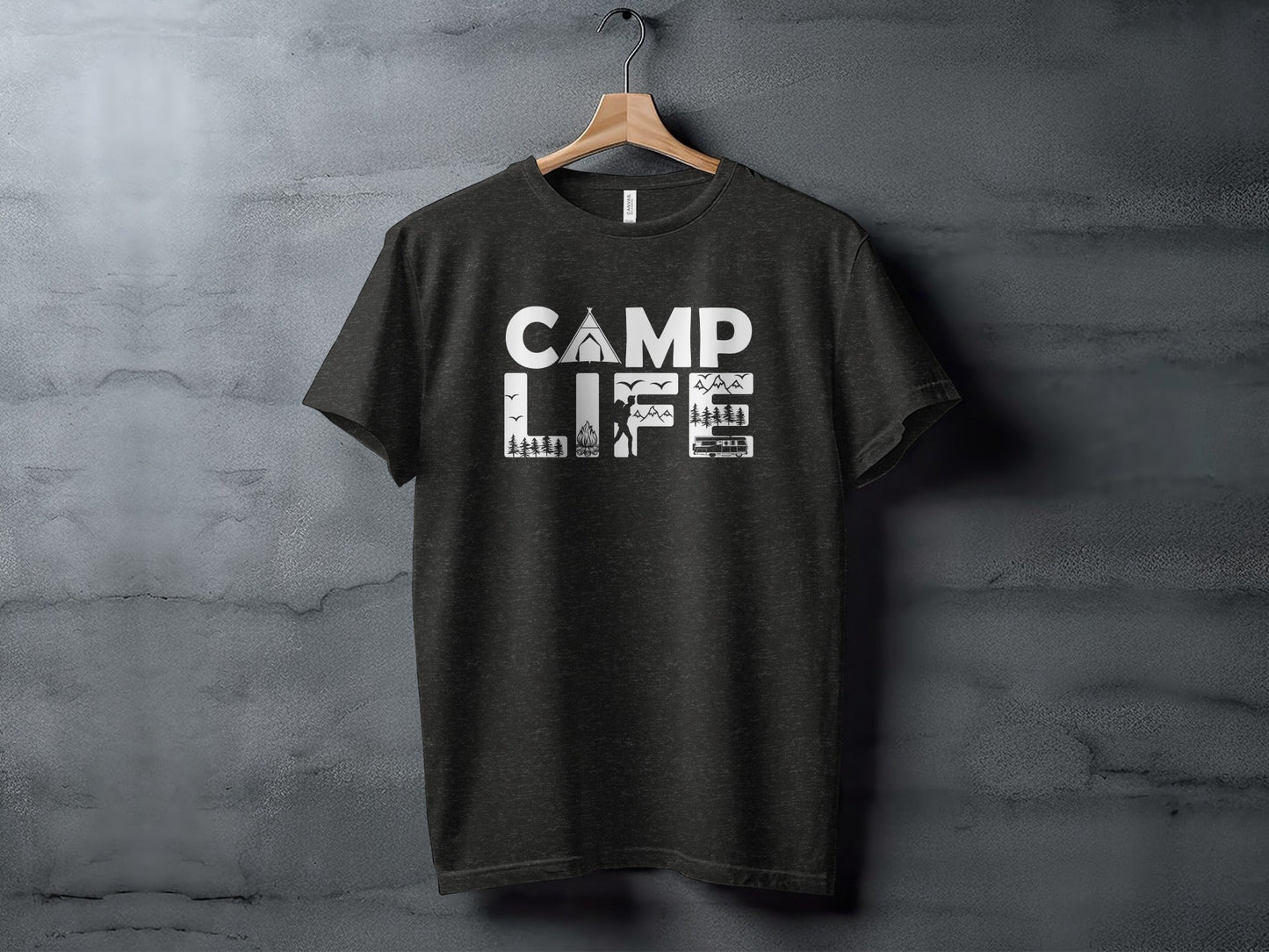Camp Life Illustration with Tent and Fire Design T-Shirt
