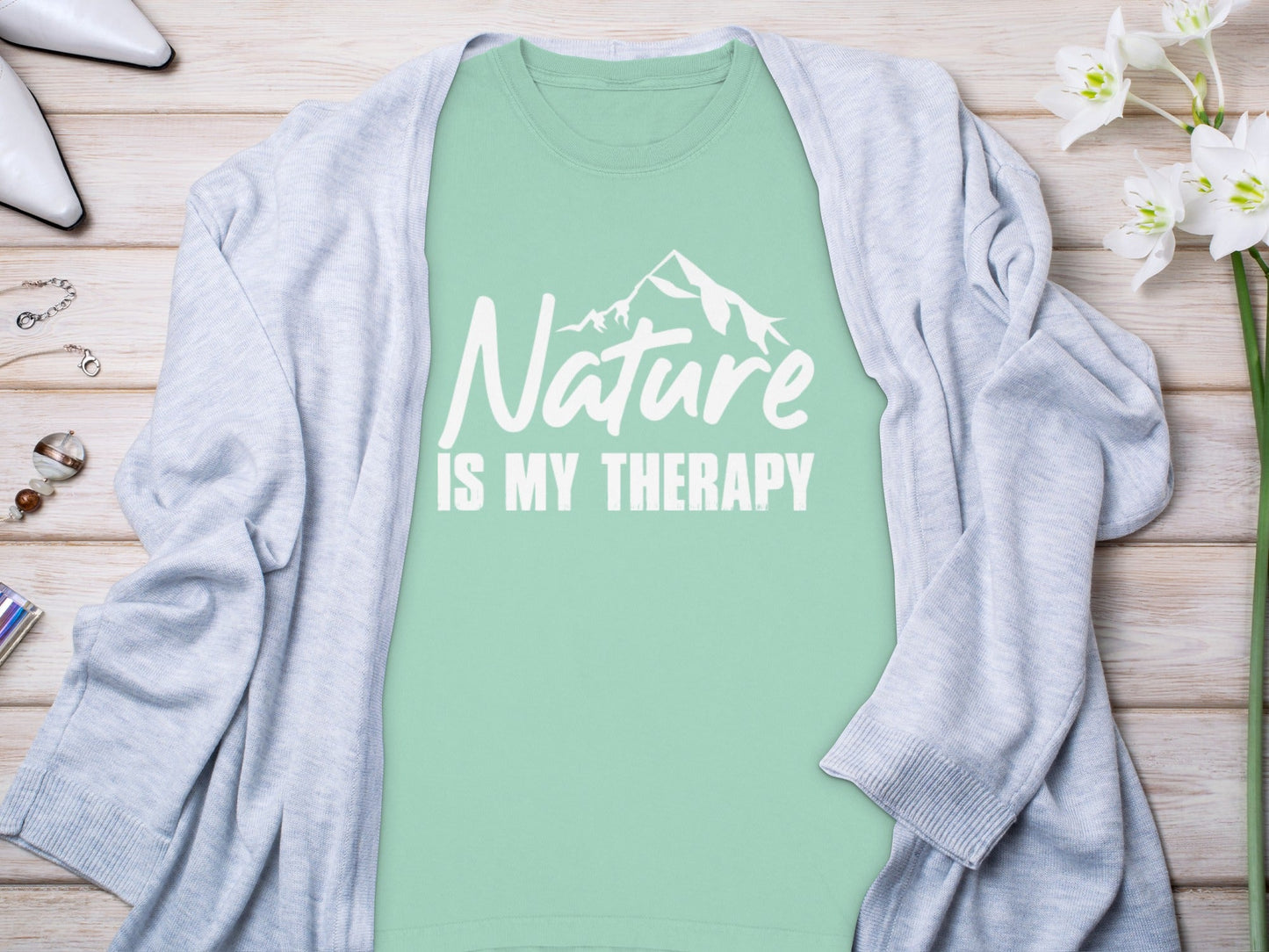 Nature Is My Therapy Mountain Graphic Text Long Sleeve T-Shirt