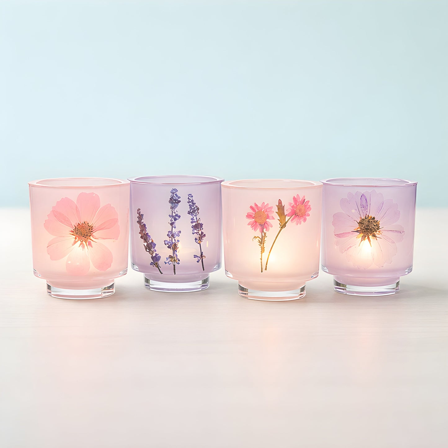 Frosted Glass Votive Candle Holder With Pressed Flowers Set of 4