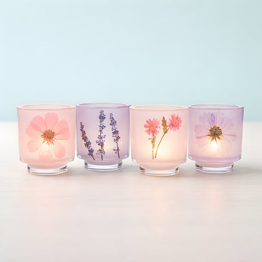 Frosted Glass Votive Candle Holder With Pressed Flowers Set of 4
