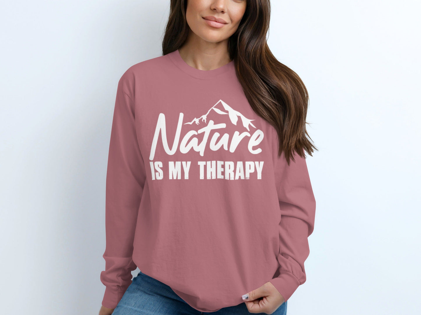 Nature Is My Therapy Mountain Graphic Text Long Sleeve T-Shirt