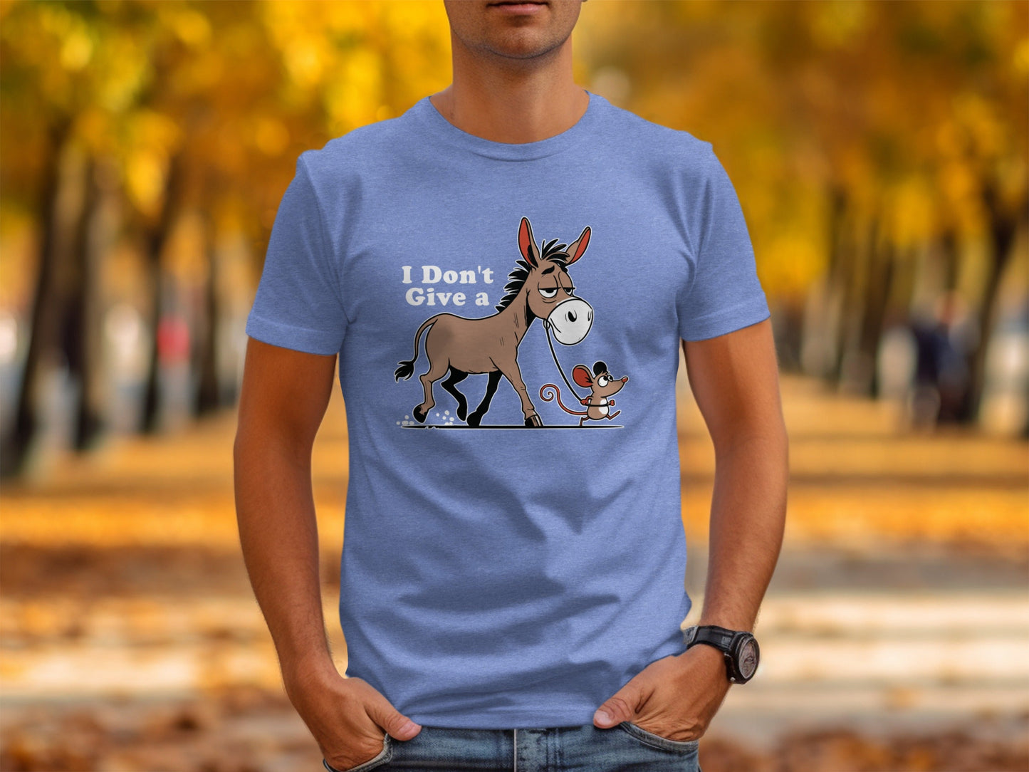 Funny Mouse Walking a Donkey Cartoon Graphic T-Shirt