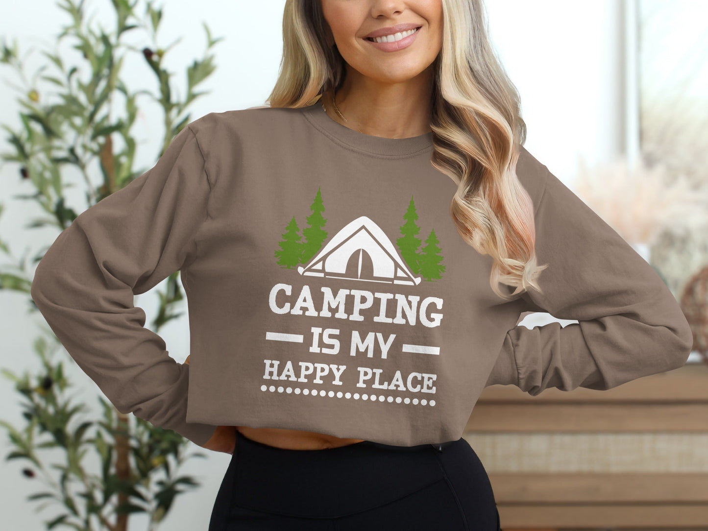 Camping Is My Happy Place Tent Trees Graphic Long Sleeve T-Shirt