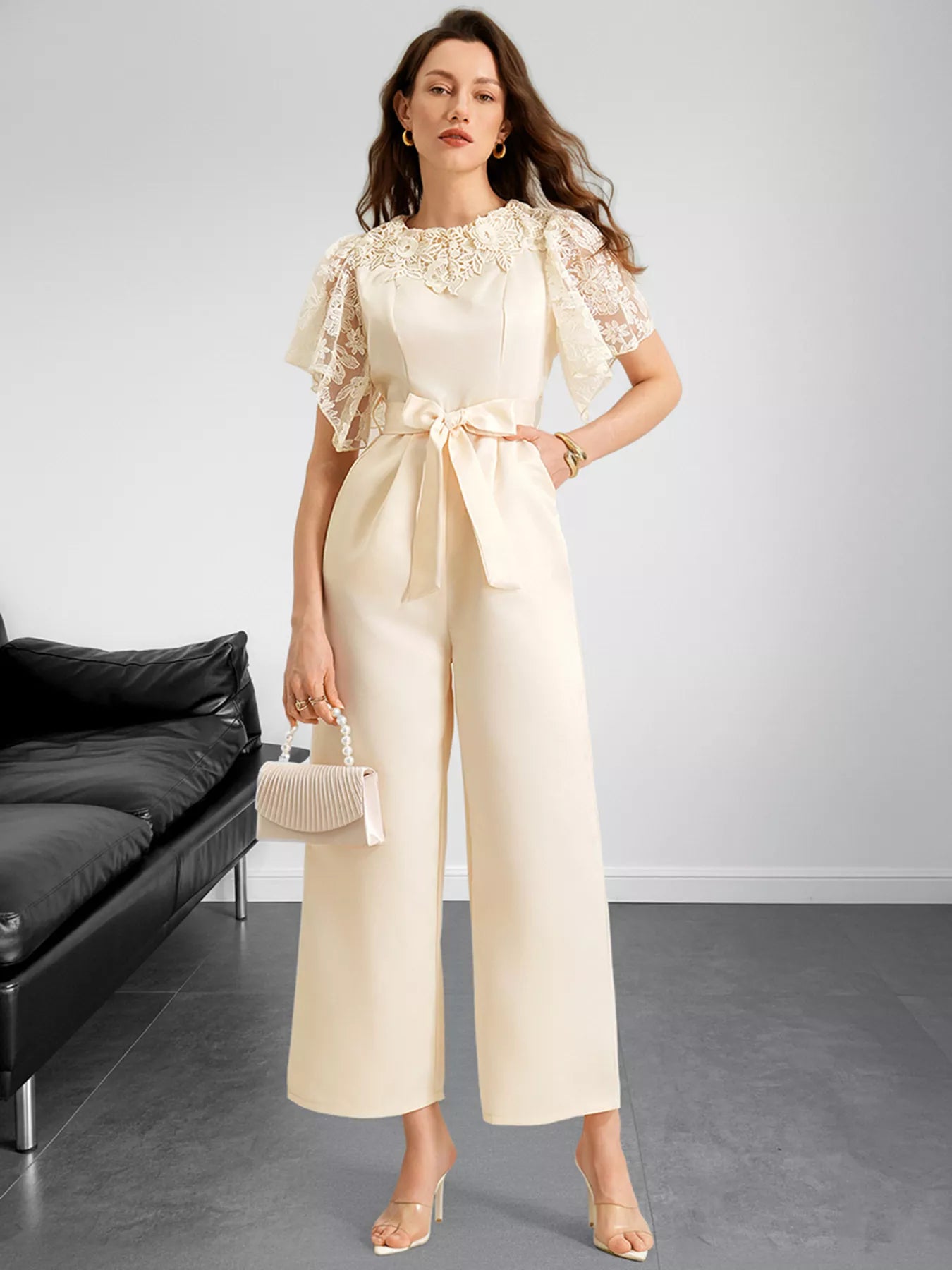 Lace Trim Belted Wide Leg Jumpsuit
