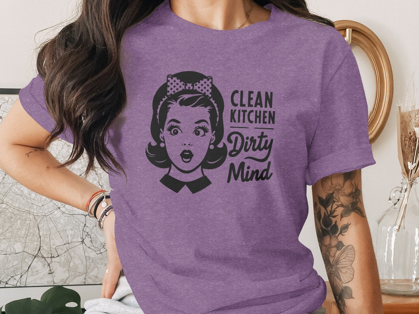 Clean Kitchen Dirty Mind Retro Woman Funny Graphic T-Shirt