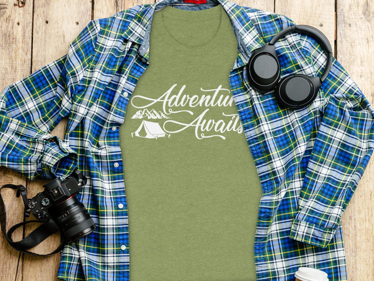 Adventure Awaits Tent Mountains Graphic Design T-Shirt