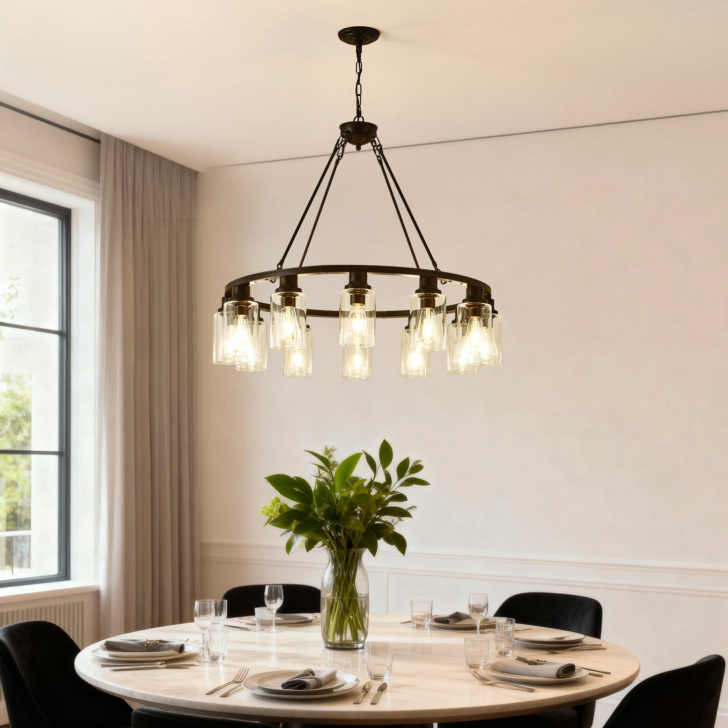 12-Light Black Wagon Wheel Chandelier, 31.5" Modern Farmhouse Glass Pendant