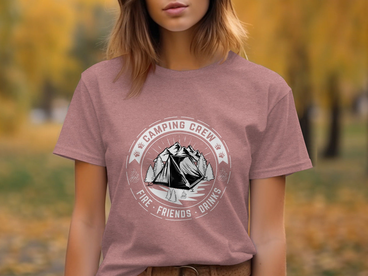 Camping Crew Friends Drinks Fire Tent Mountain Scene T-Shirt