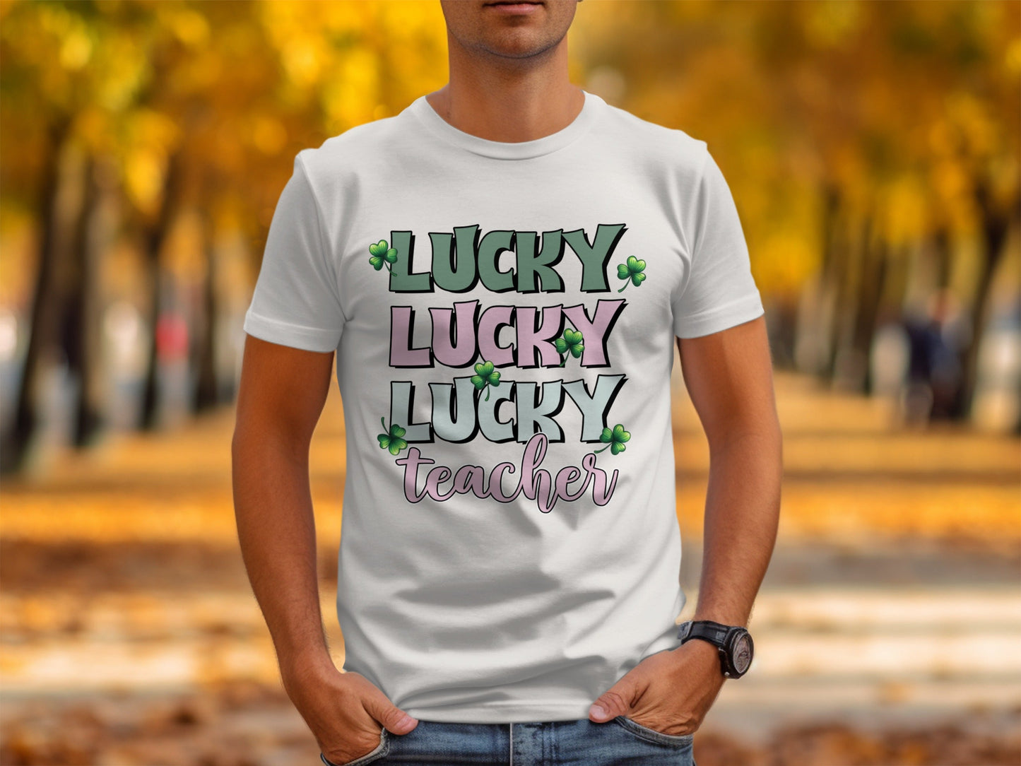 Lucky Lucky Lucky Teacher with Clovers St Patricks Day T-Shirt