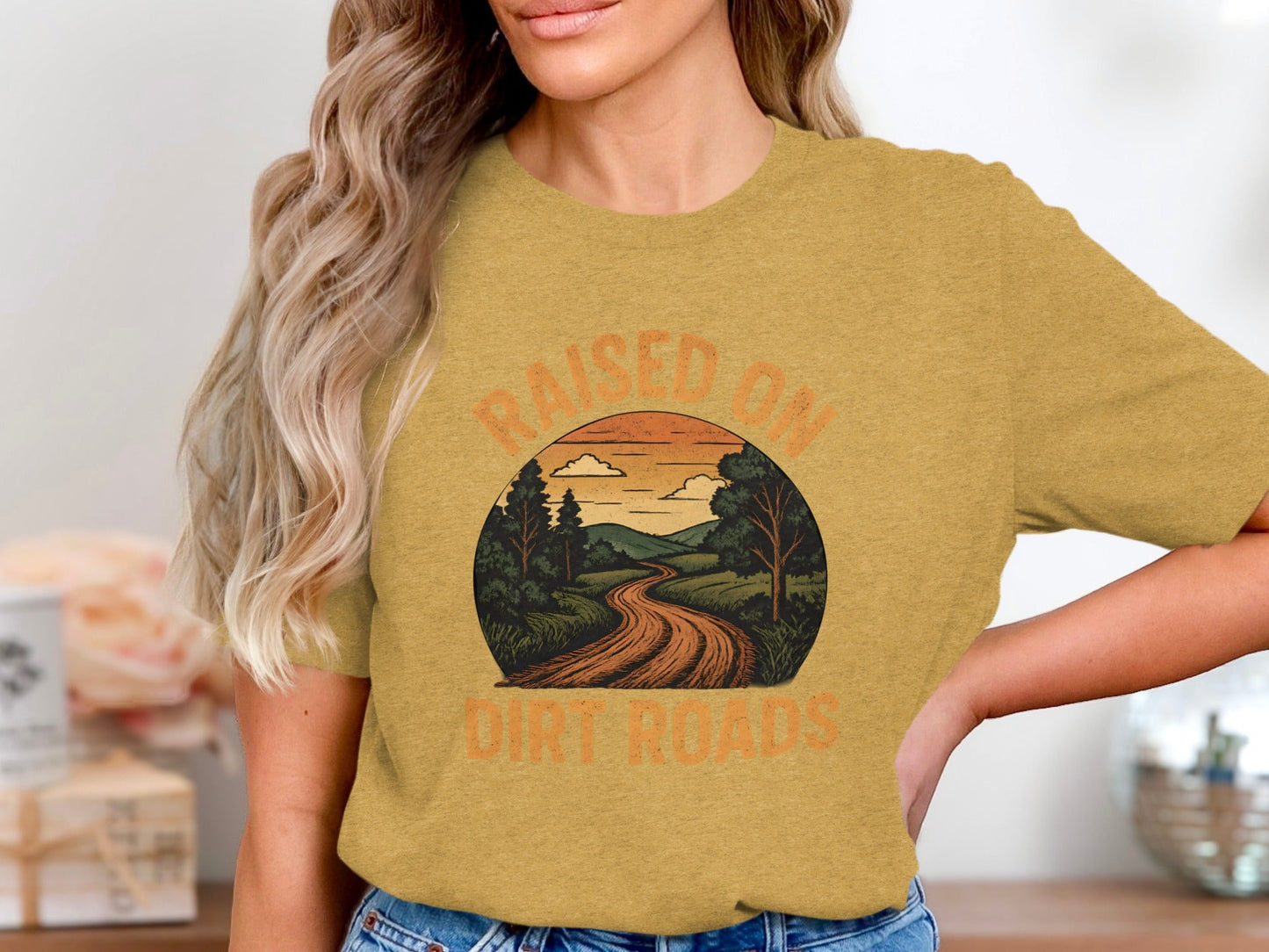 Raised On Dirt Roads Country Graphic Image Design T-Shirt
