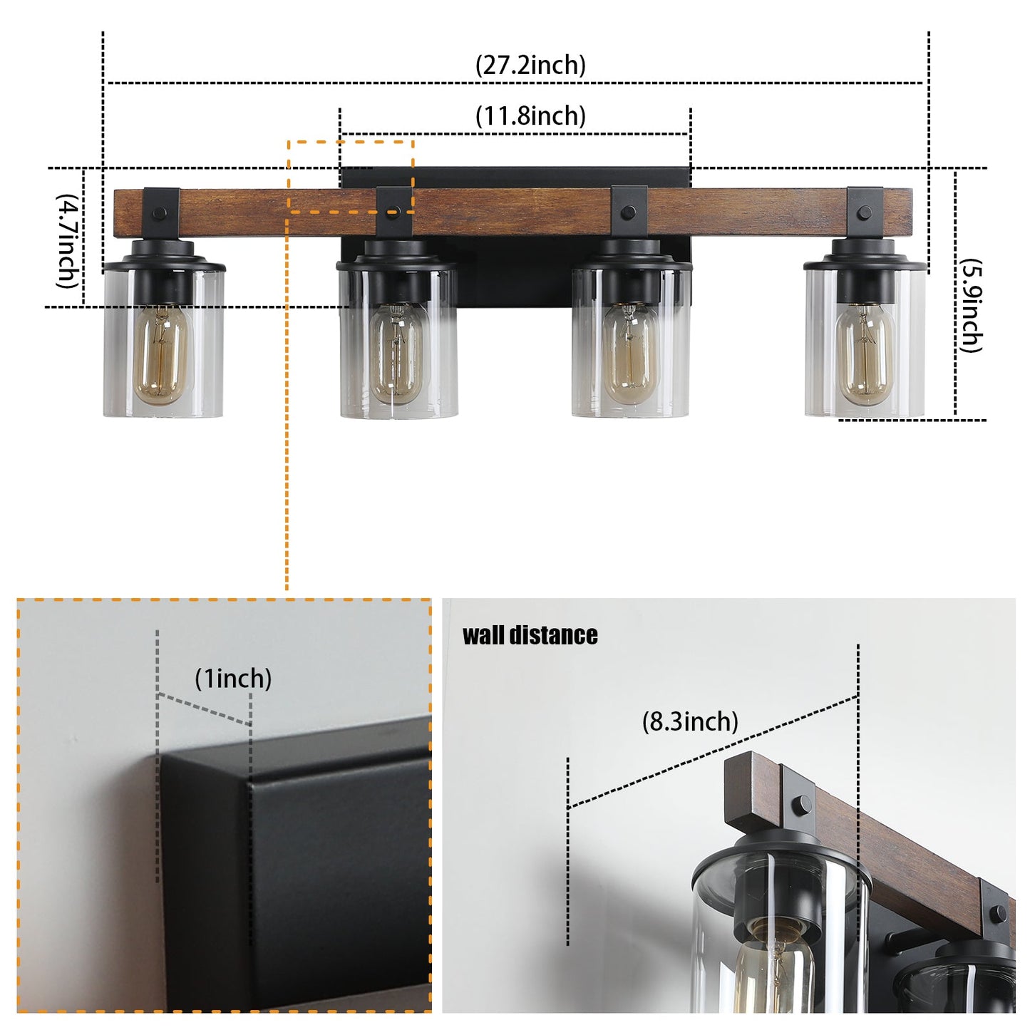 27" 4-Light Modern Farmhouse Bathroom Wall Sconce with Wood Accent