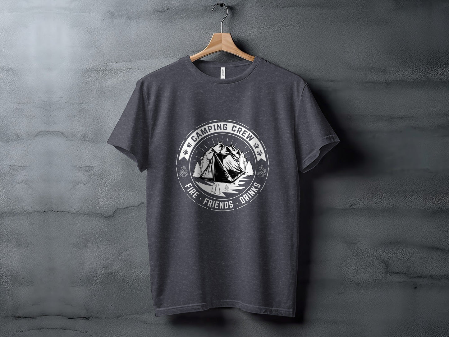 Camping Crew Friends Drinks Fire Tent Mountain Scene T-Shirt