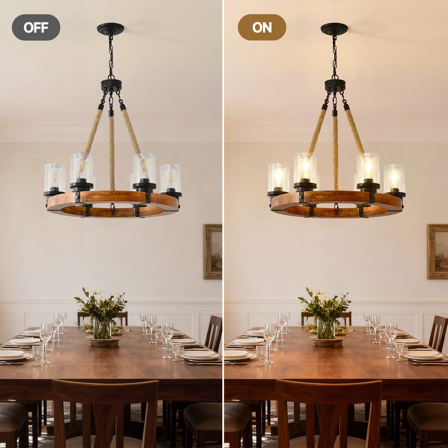 Rustic 6-Light Wagon Wheel Chandelier, Farmhouse Chandeliers