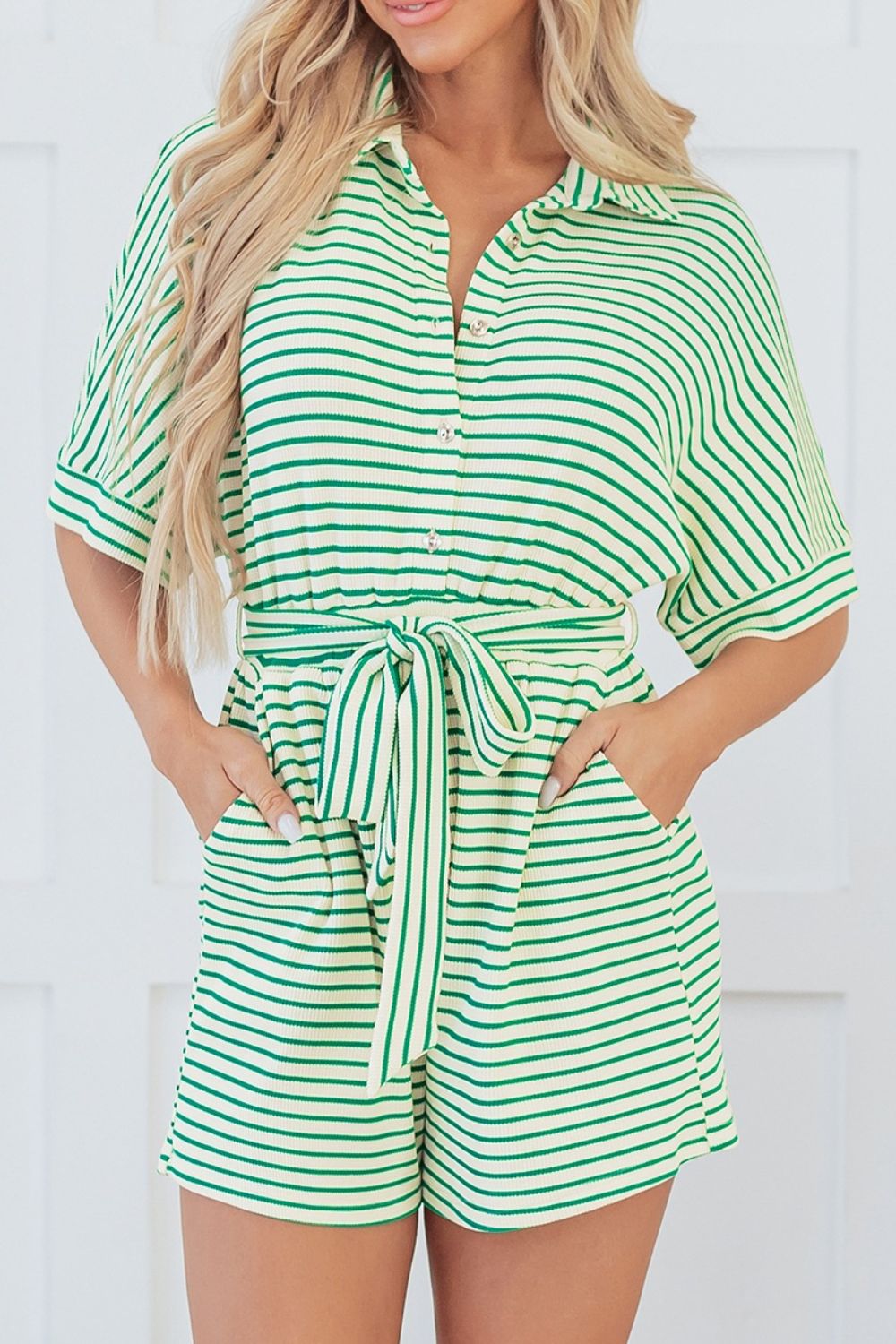 Striped Half Sleeve Tie Waist Romper