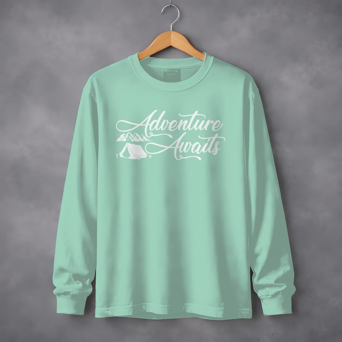 Adventure Awaits Featuring Tent and Mountains Long Sleeve T-Shirt