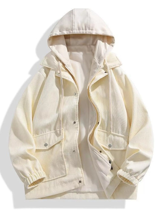 Men's Plus Size Casual Corduroy Snap Down Hooded Jacket