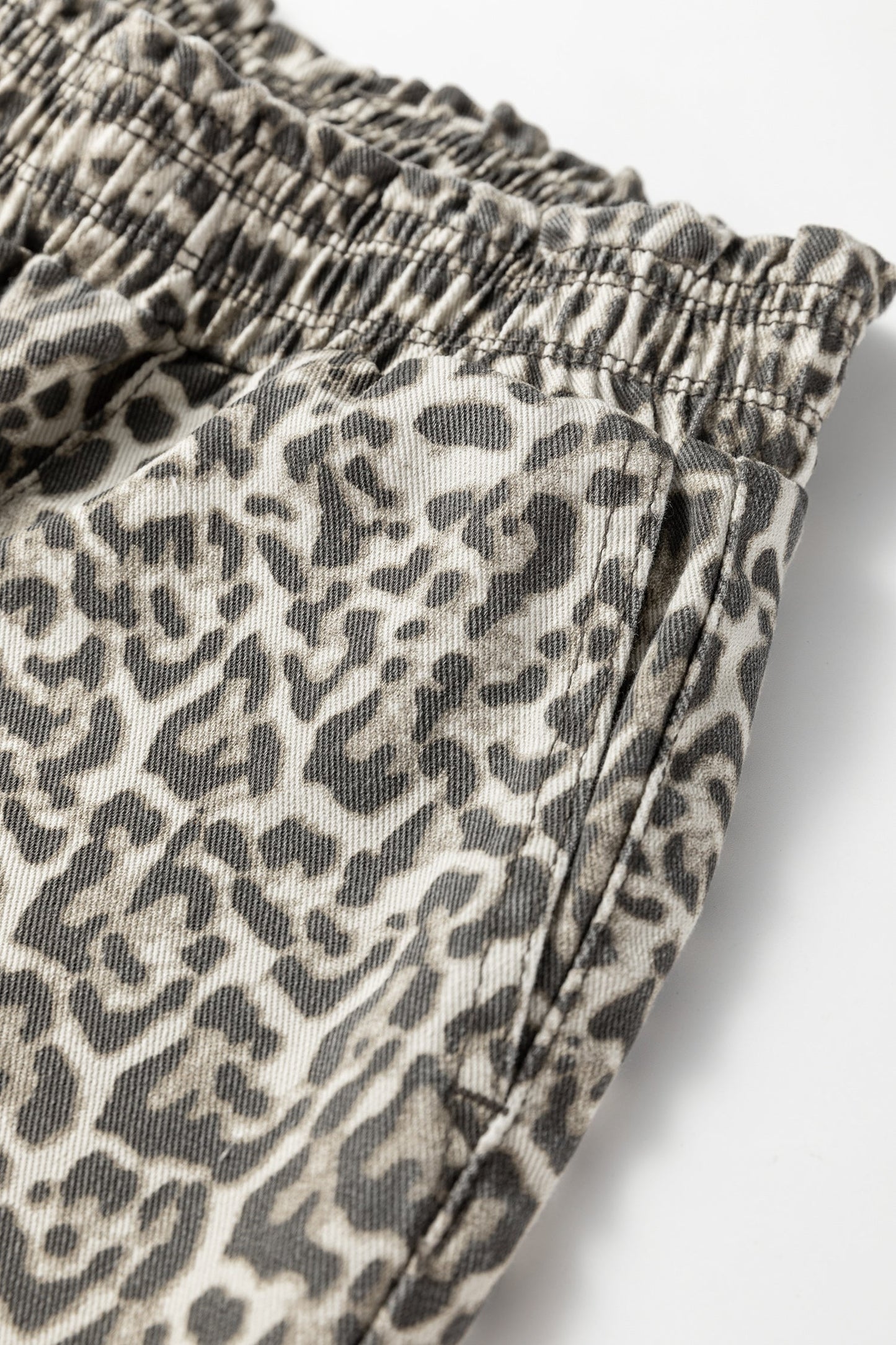 Brown Leopard Print Raw Hem Elastic Waist Loose Pull On Jeans