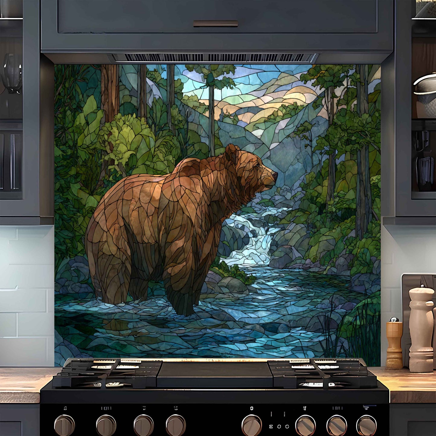 Forest Stream with Bear – Tempered Glass Backsplash For Lodge Kitchens