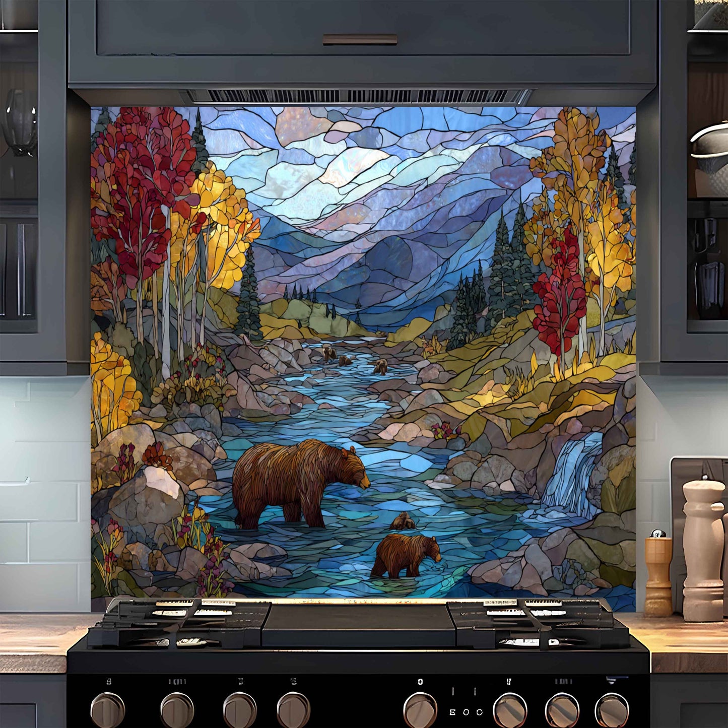 Autumn River – Tempered Glass Backsplash With Bear Family And Fall Trees