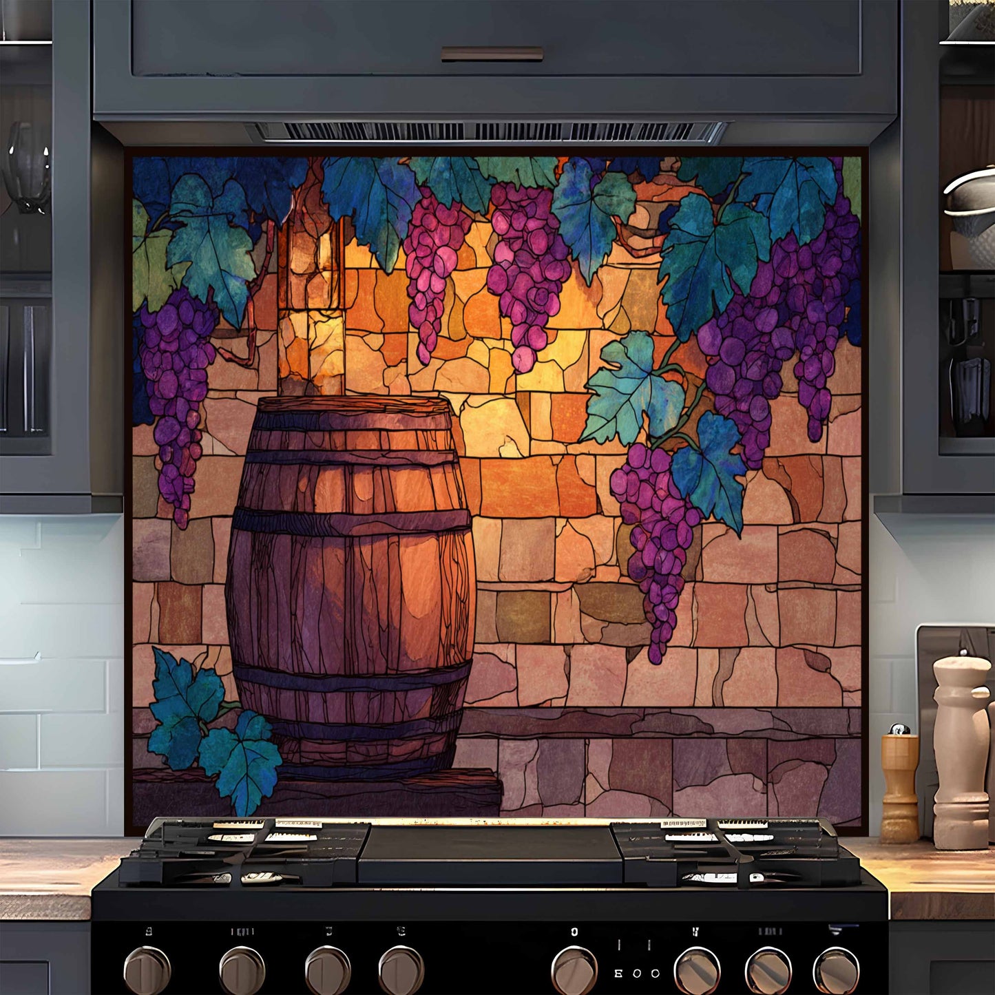 Tempered Glass Backsplash for Kitchen | Rustic Wine Barrel & Vineyard Grape Design
