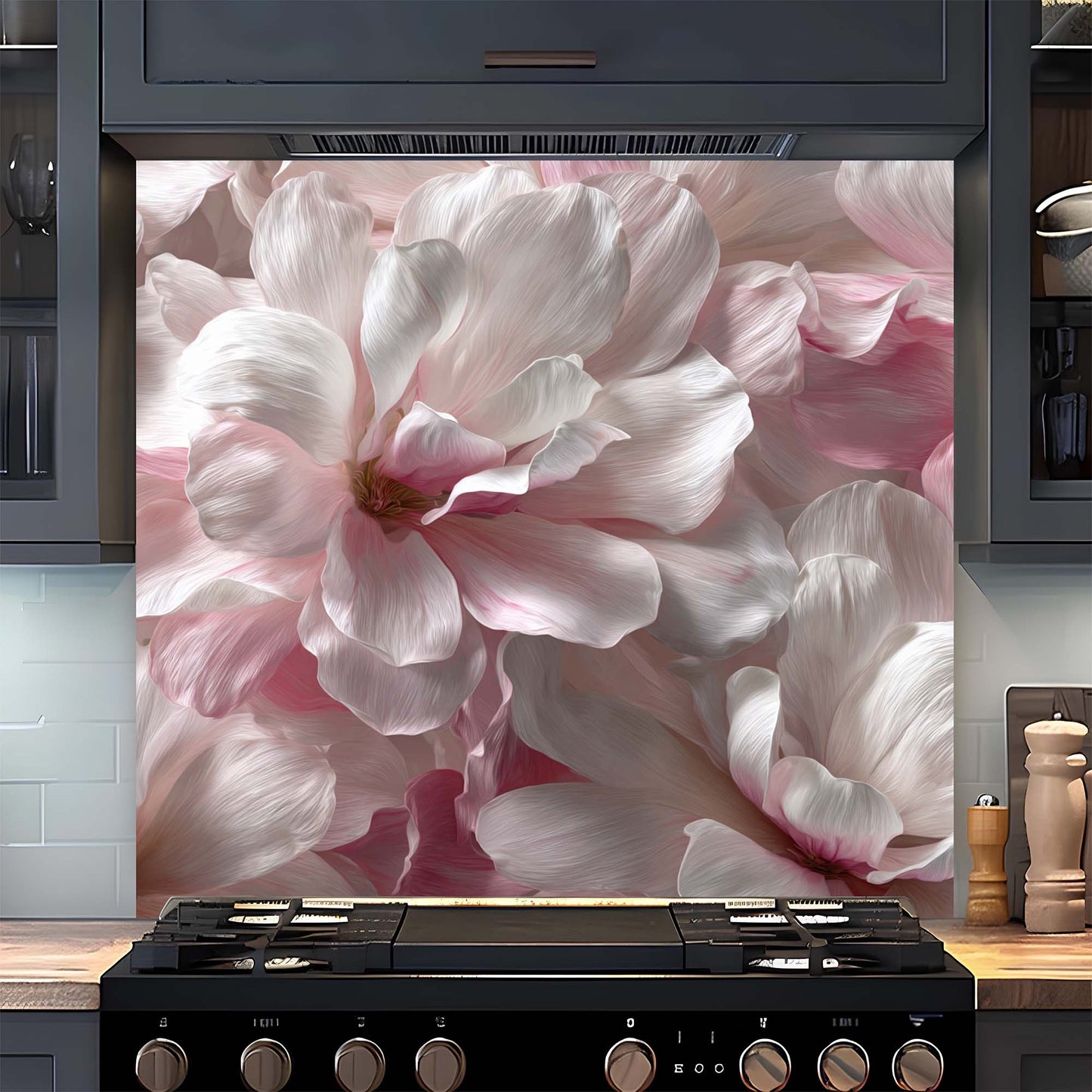 Blush Magnolia – Tempered Glass Backsplash for Kitchen – Pink Floral Kitchen Splashback