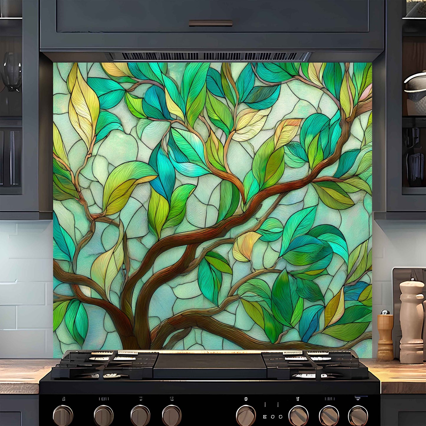 Tranquil Branches – Tempered Glass Backsplash with Tree Branch and Leaf Design