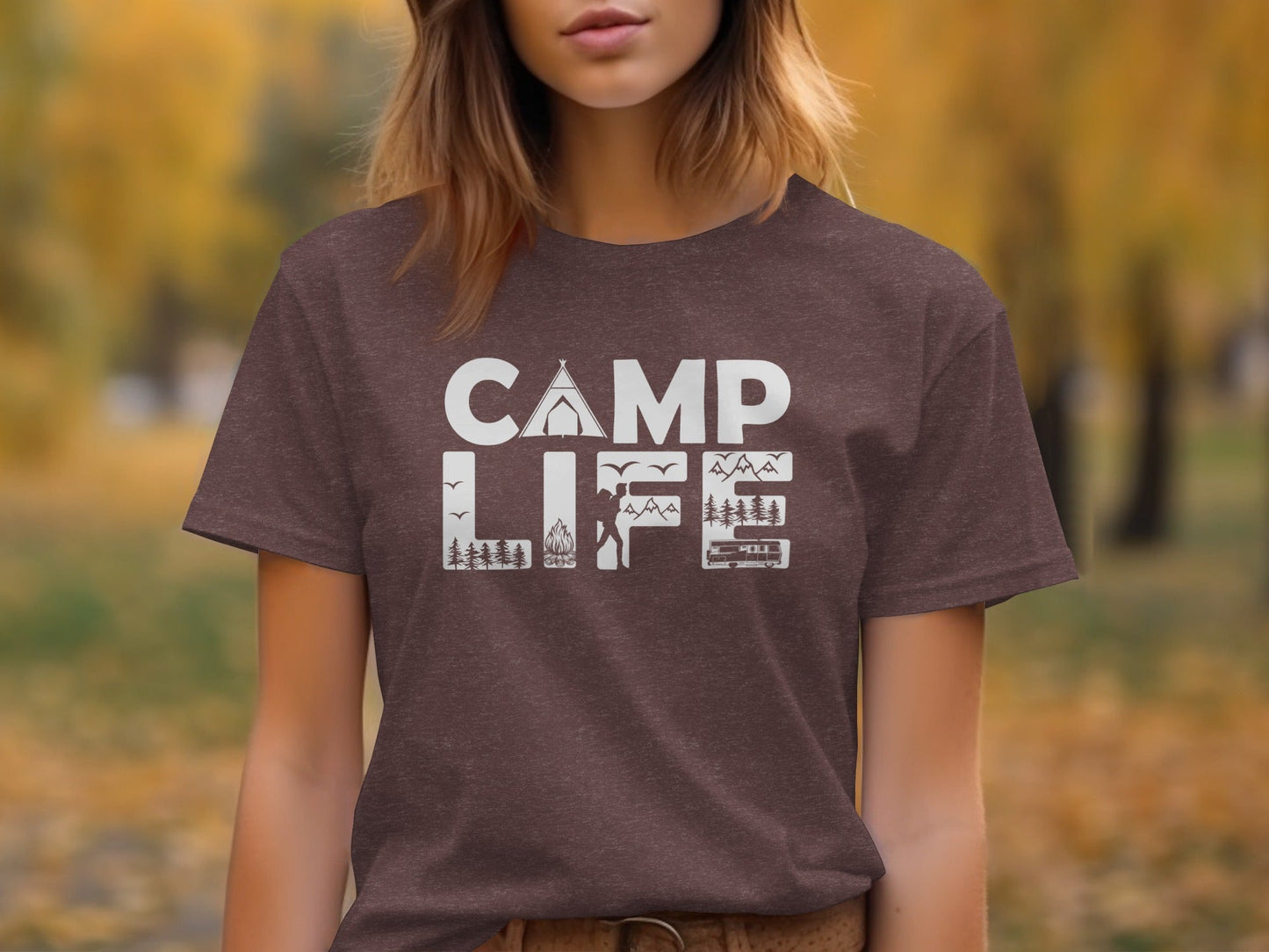 Camp Life Illustration with Tent and Fire Design T-Shirt