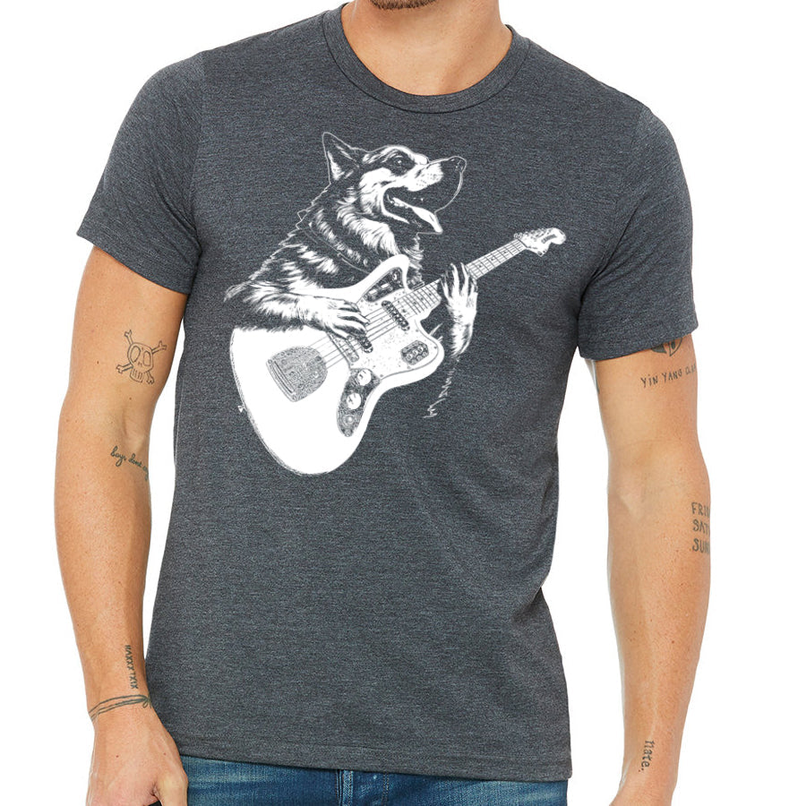 Dog Playing Guitar Men's Tshirt- Funny Canine Musician Apparel, Rock and Roll Clothing, Music Tee