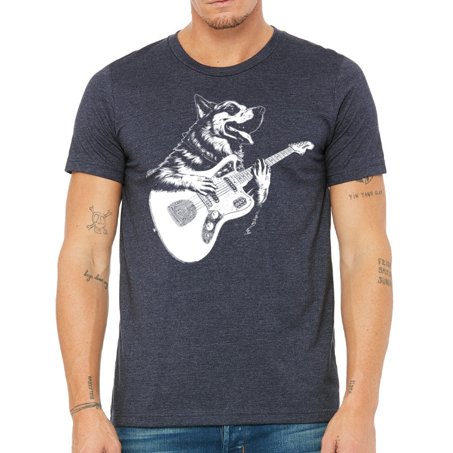 Dog Playing Guitar Men's Tshirt- Funny Canine Musician Apparel, Rock and Roll Clothing, Music Tee