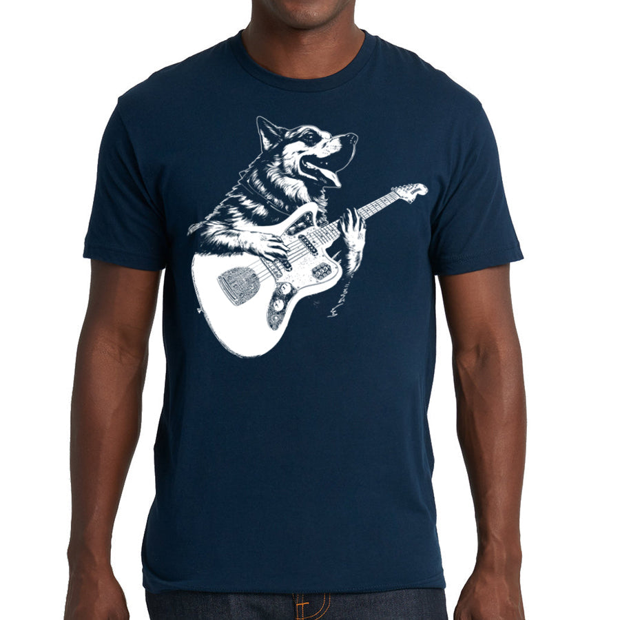 Dog Playing Guitar Men's Tshirt- Funny Canine Musician Apparel, Rock and Roll Clothing, Music Tee